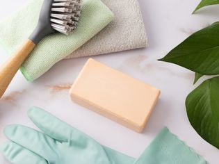 Overhead view of a bar of soap next to a scrub brush and latex gloves